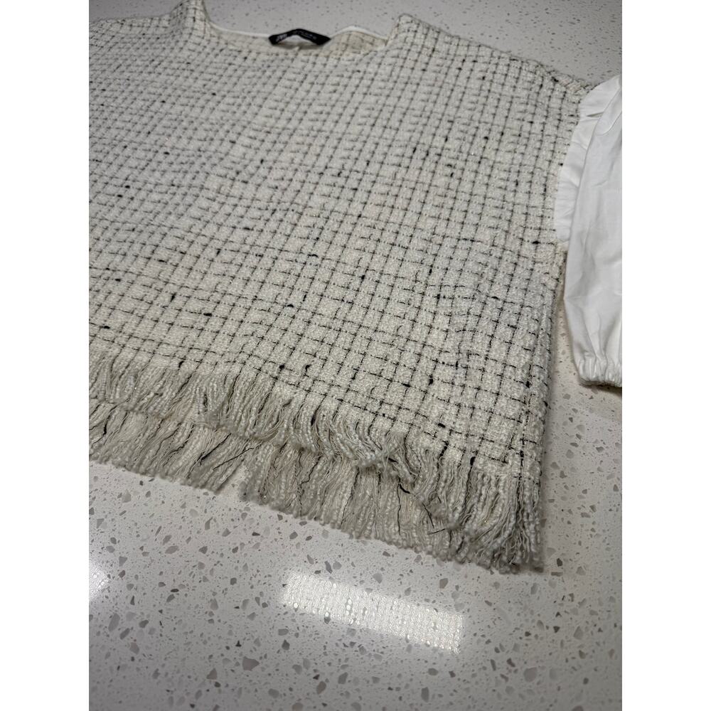 ZARA Textured Tweed Crop Top Blouse Puff Sleeve White size L - Picture 2 of 9